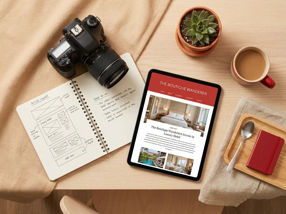 Content creation workspace with camera and hotel blog article for hospitality content marketing