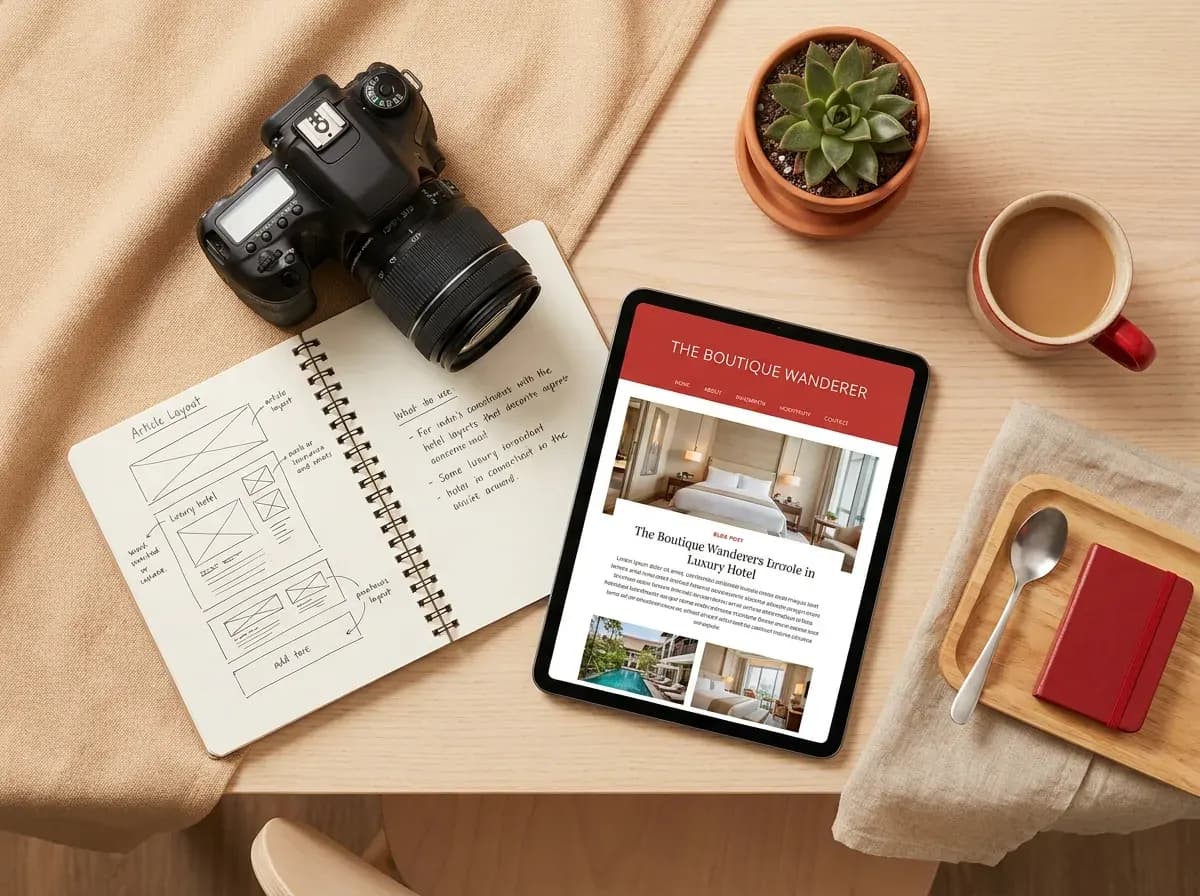 Content creation workspace with camera and hotel blog article for hospitality content marketing