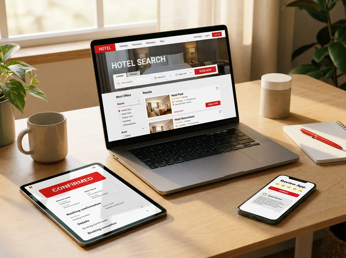 Laptop, tablet, and smartphone showing the hotel guest booking journey across multiple touchpoints