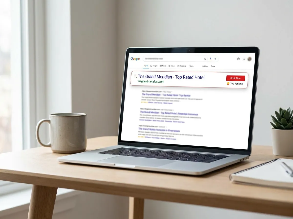 Hotel website SEO optimization dashboard showing top search engine rankings for hospitality marketing