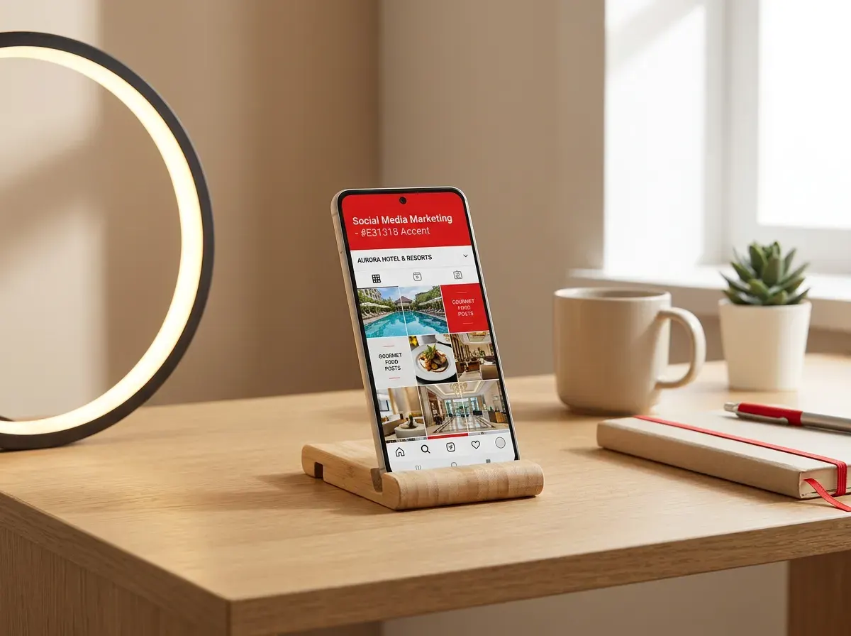 Smartphone displaying hotel social media feed for hospitality social media marketing