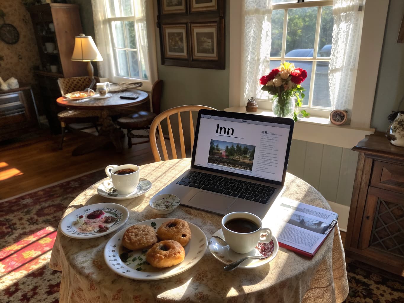Sunny bed and breakfast parlor with breakfast pastries and a laptop showing an inn website