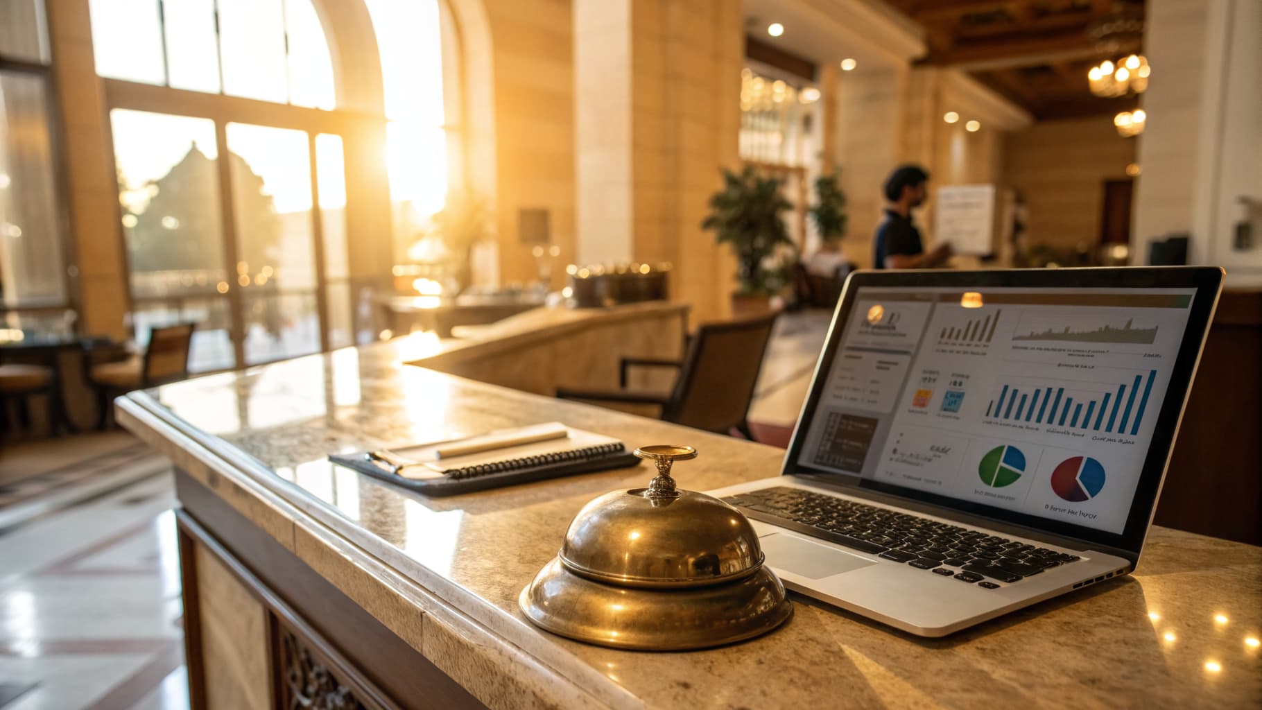 AI powered hospitality marketing analytics dashboard on a hotel lobby concierge desk