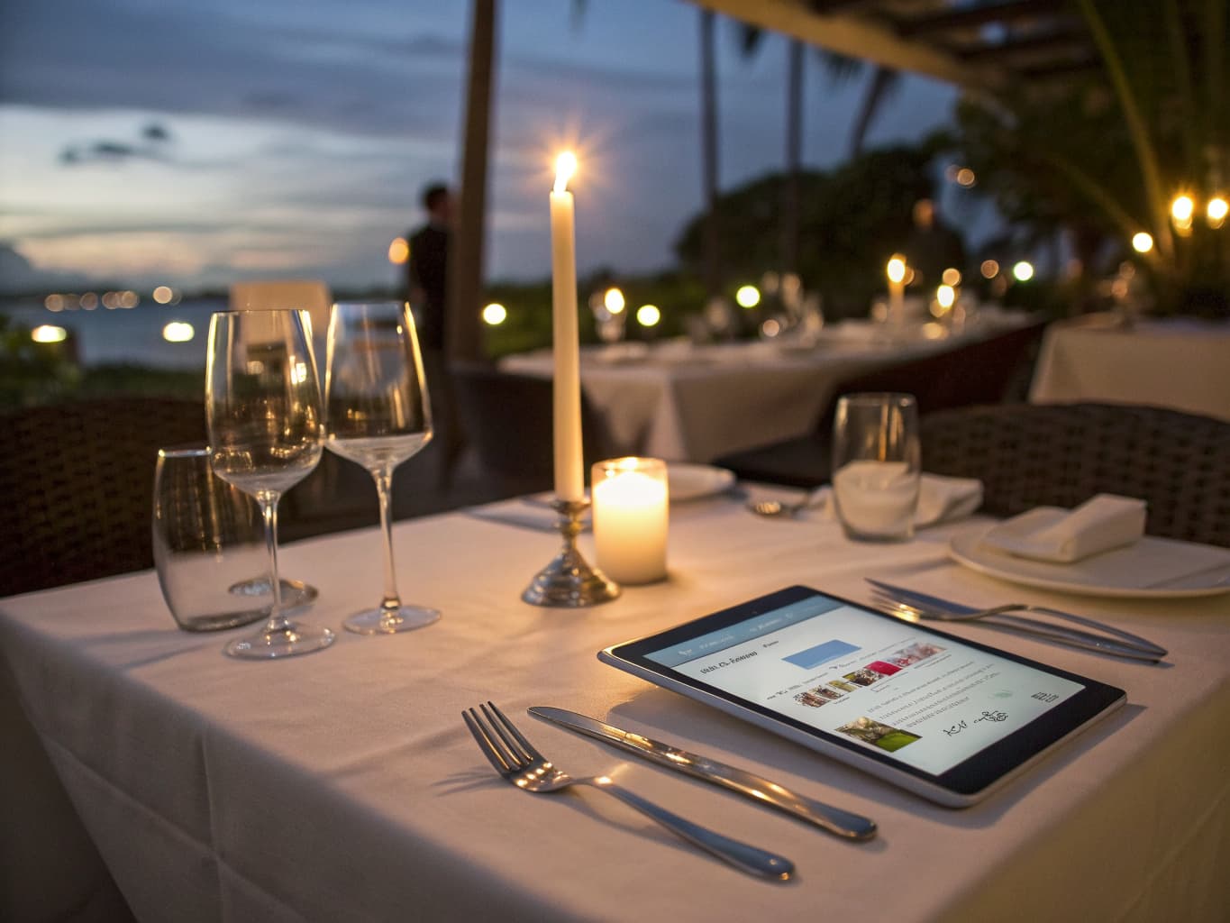 Candlelit restaurant table at dusk with a tablet showing an online reservation website