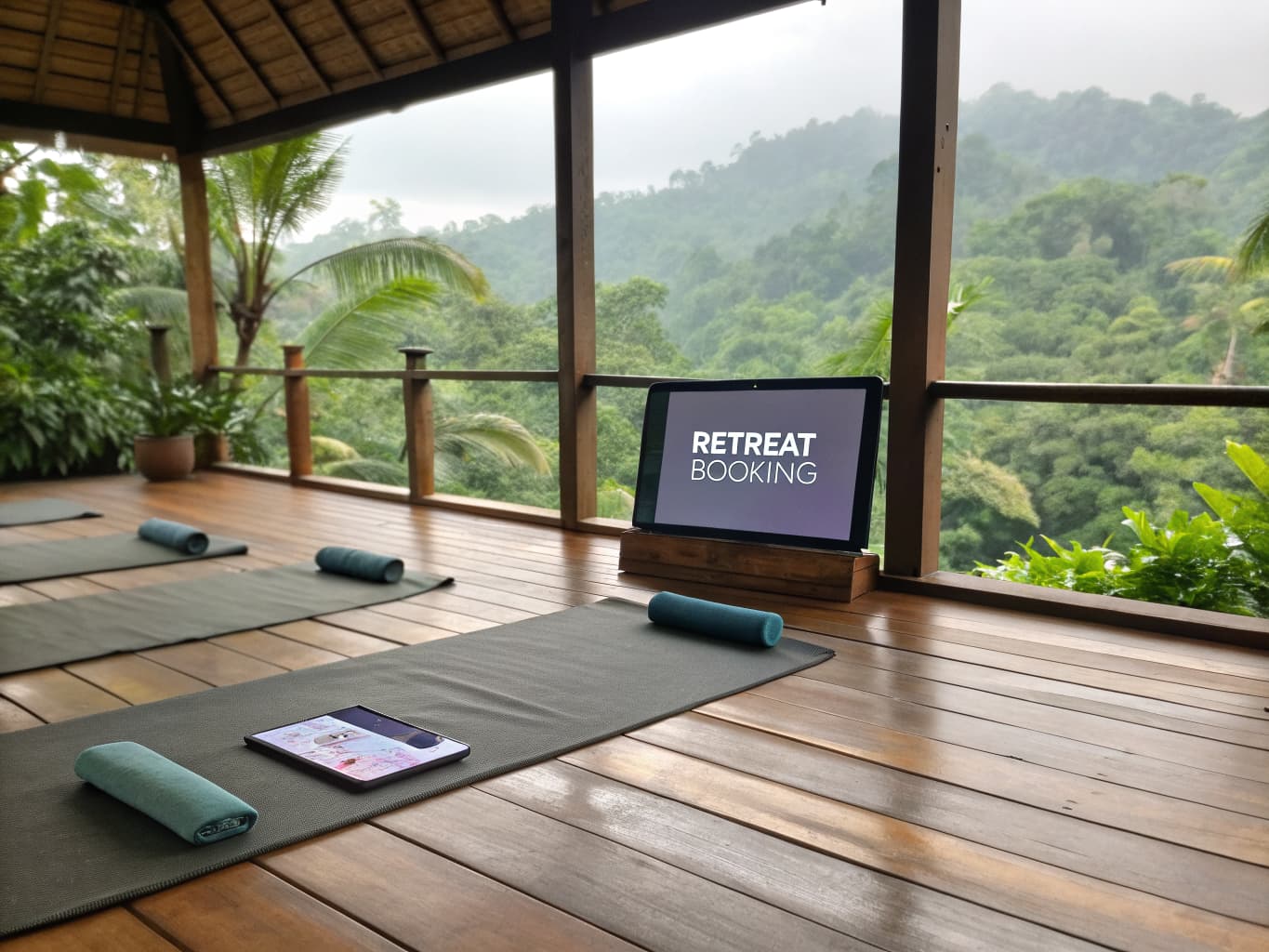 Yoga retreat studio on a jungle hillside with a tablet showing a retreat booking website