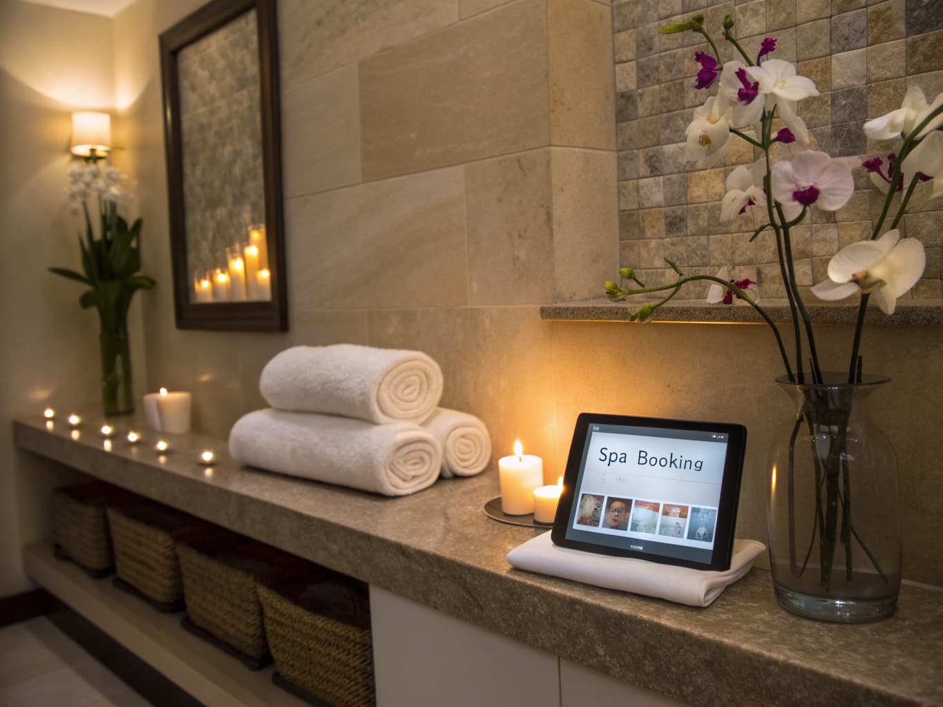 Luxury spa room with white towels, orchids and a tablet showing a spa booking website