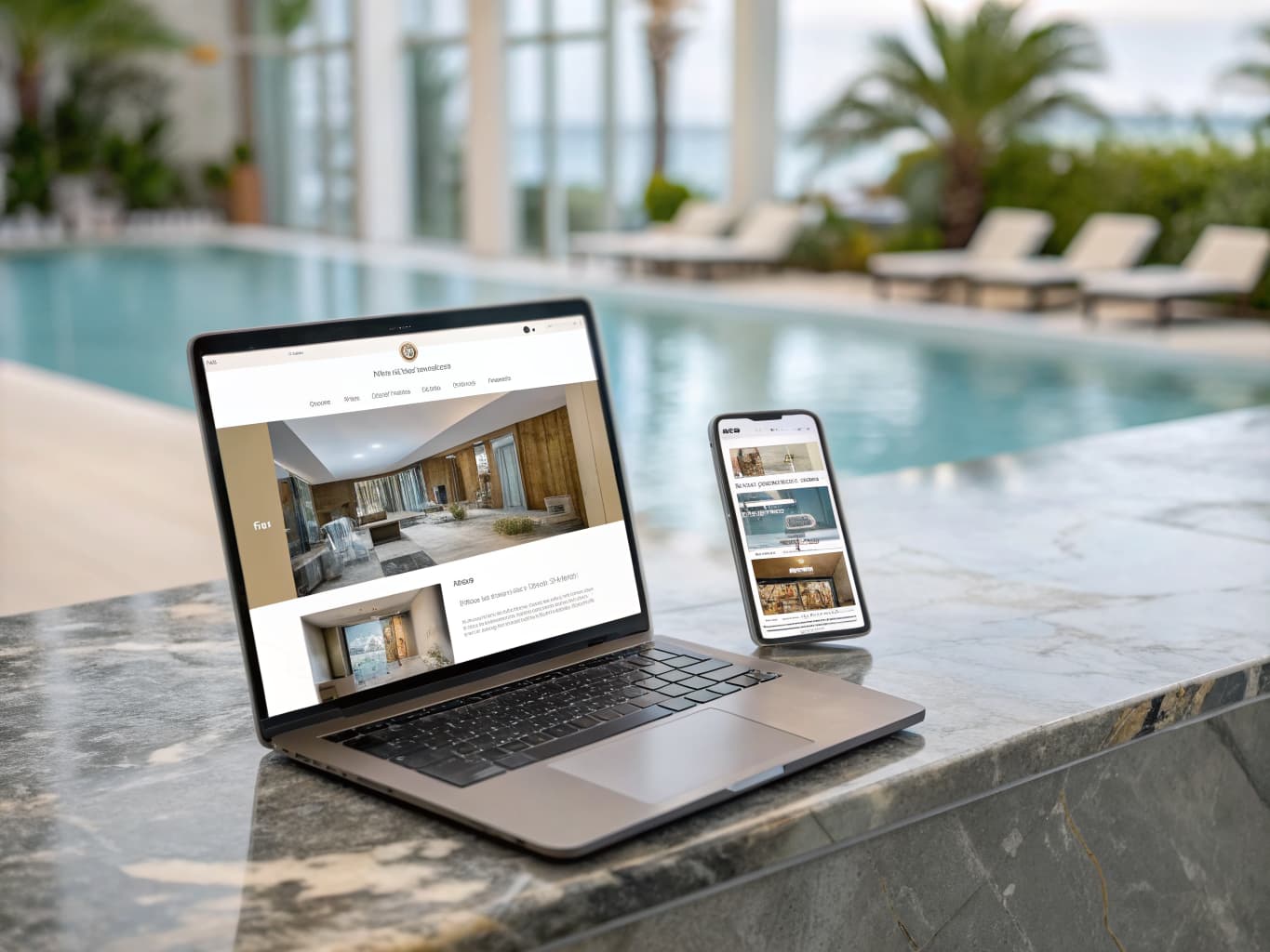 AI powered hotel website shown on laptop and phone beside a resort pool
