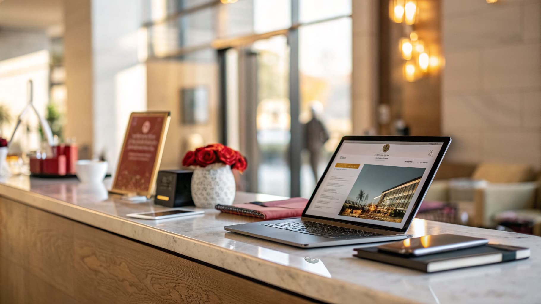 AI hotel website builder displayed on laptop at hotel front desk