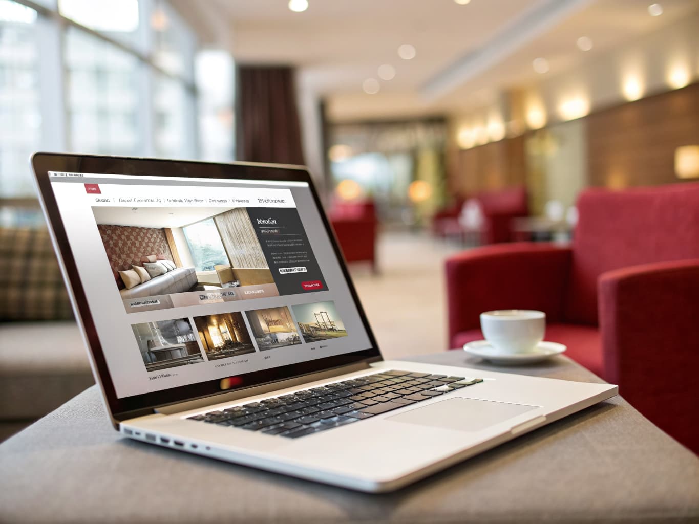 Laptop showing a hotel website with room gallery in a hotel lobby