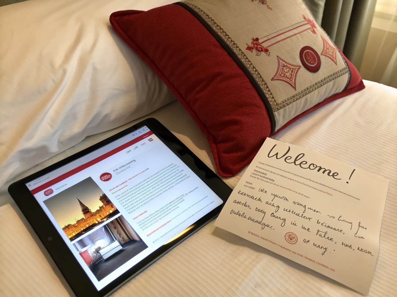 Tablet with an email newsletter next to a welcome note on a hotel bed