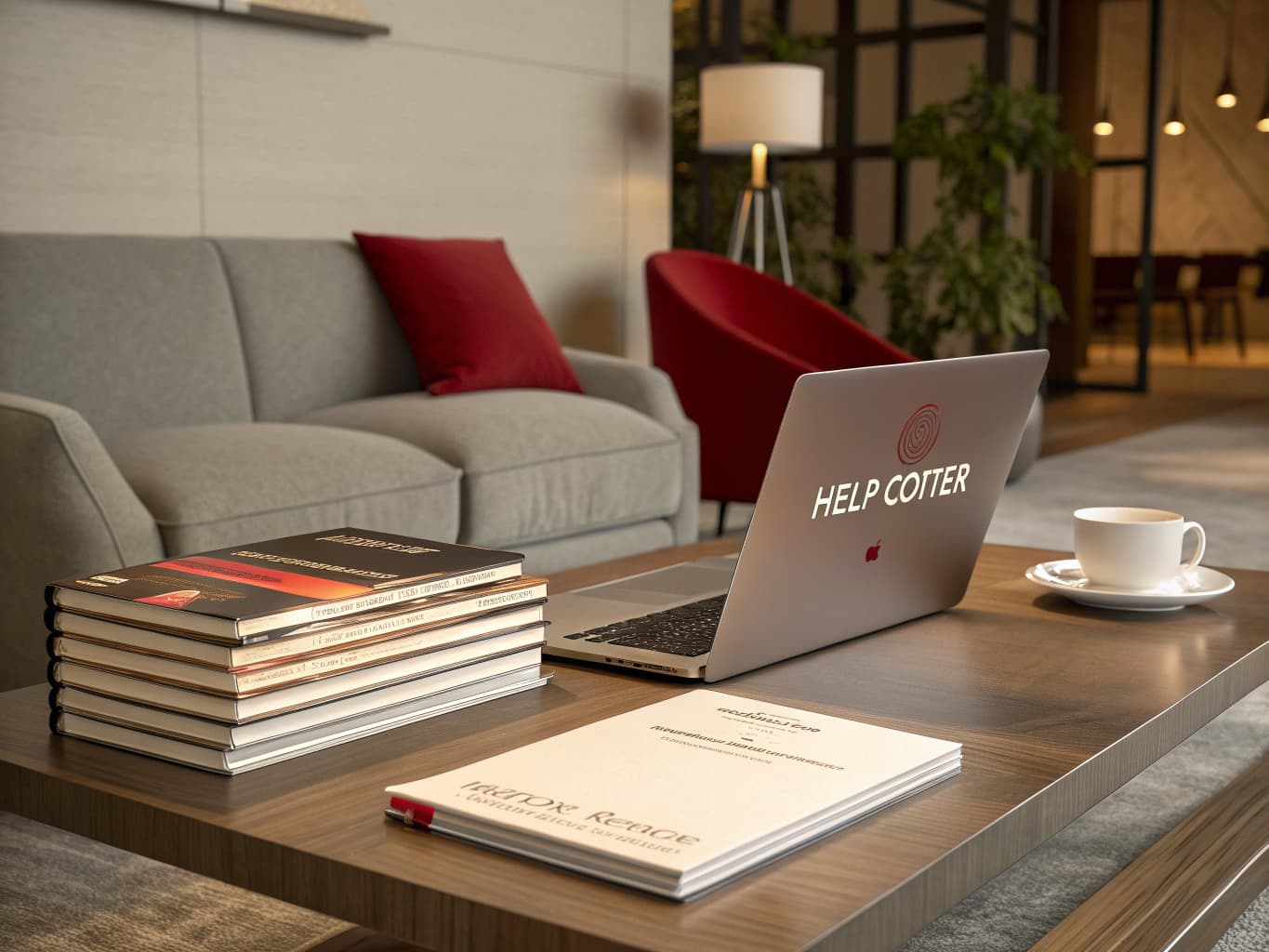 Guest guidebooks and a laptop with a help center on a hotel lobby table
