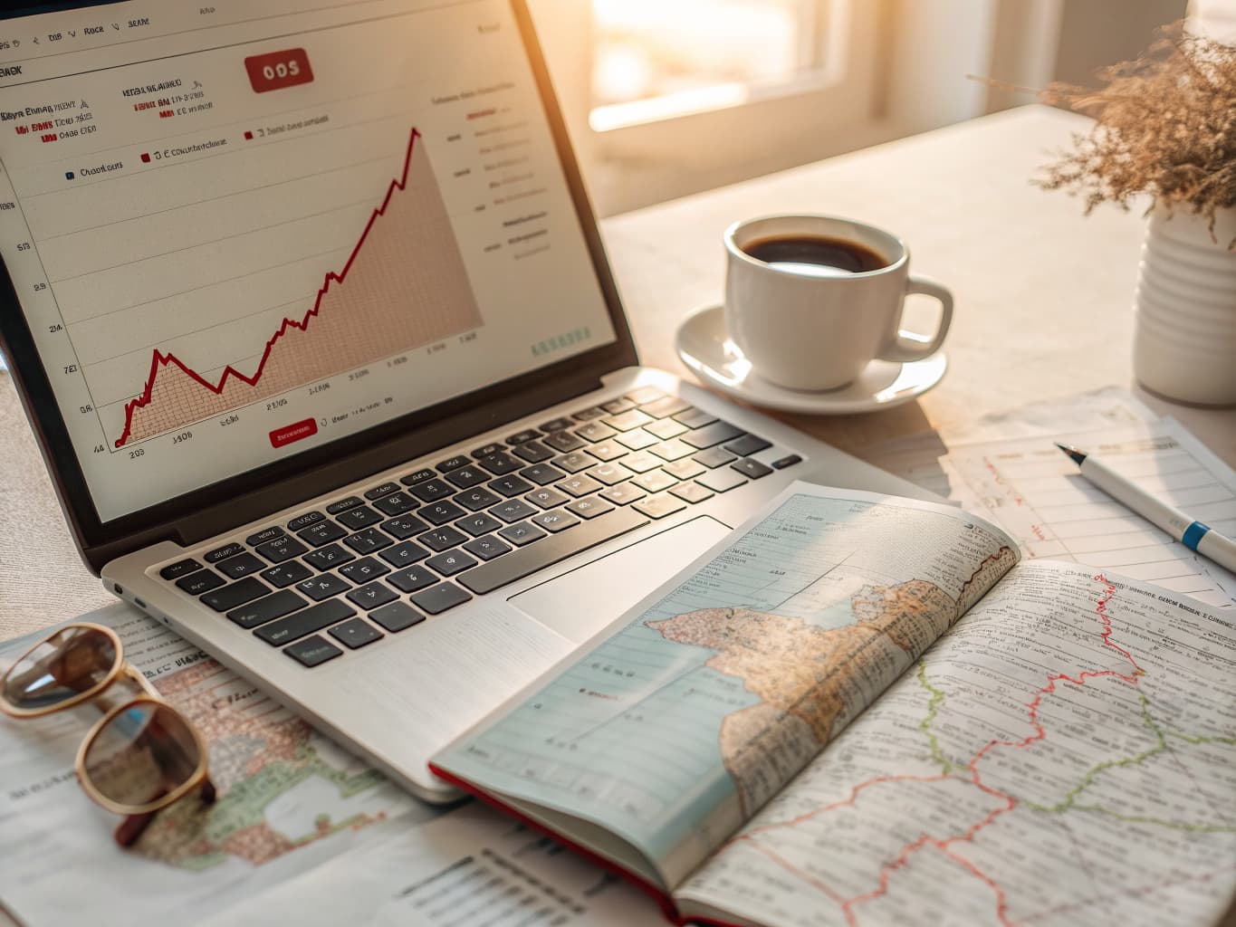 Laptop showing a rising search traffic chart next to a travel map