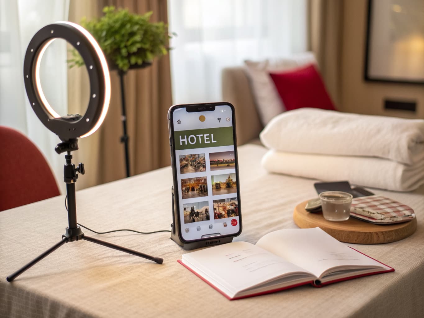 Smartphone showing a hotel social media feed beside a ring light