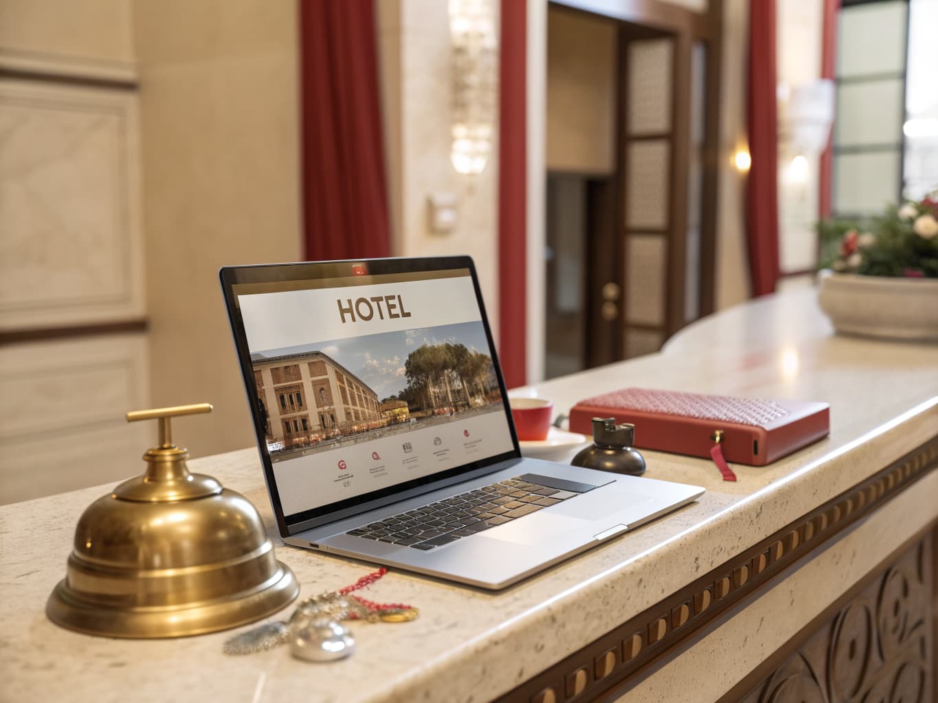 Laptop on a hotel front desk showing a redesigned hotel website