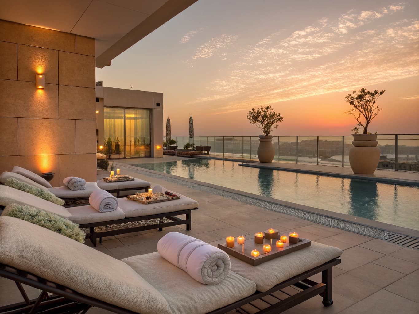 Hotel pool terrace with loungers and spa candles at sunset