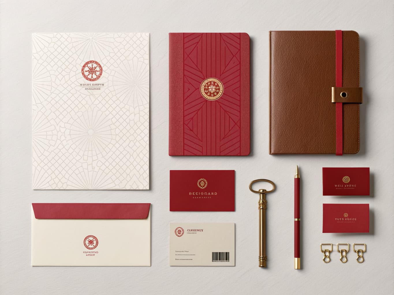 Hotel branded stationery, key, and key cards in red and cream