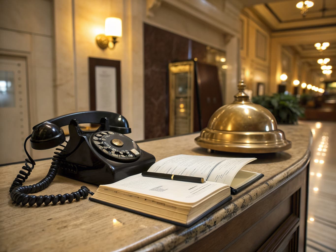 Front desk telephone, brass bell, and reservation book