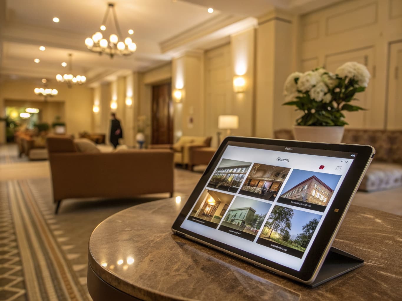Tablet showing a hotel photo gallery in a hotel lobby