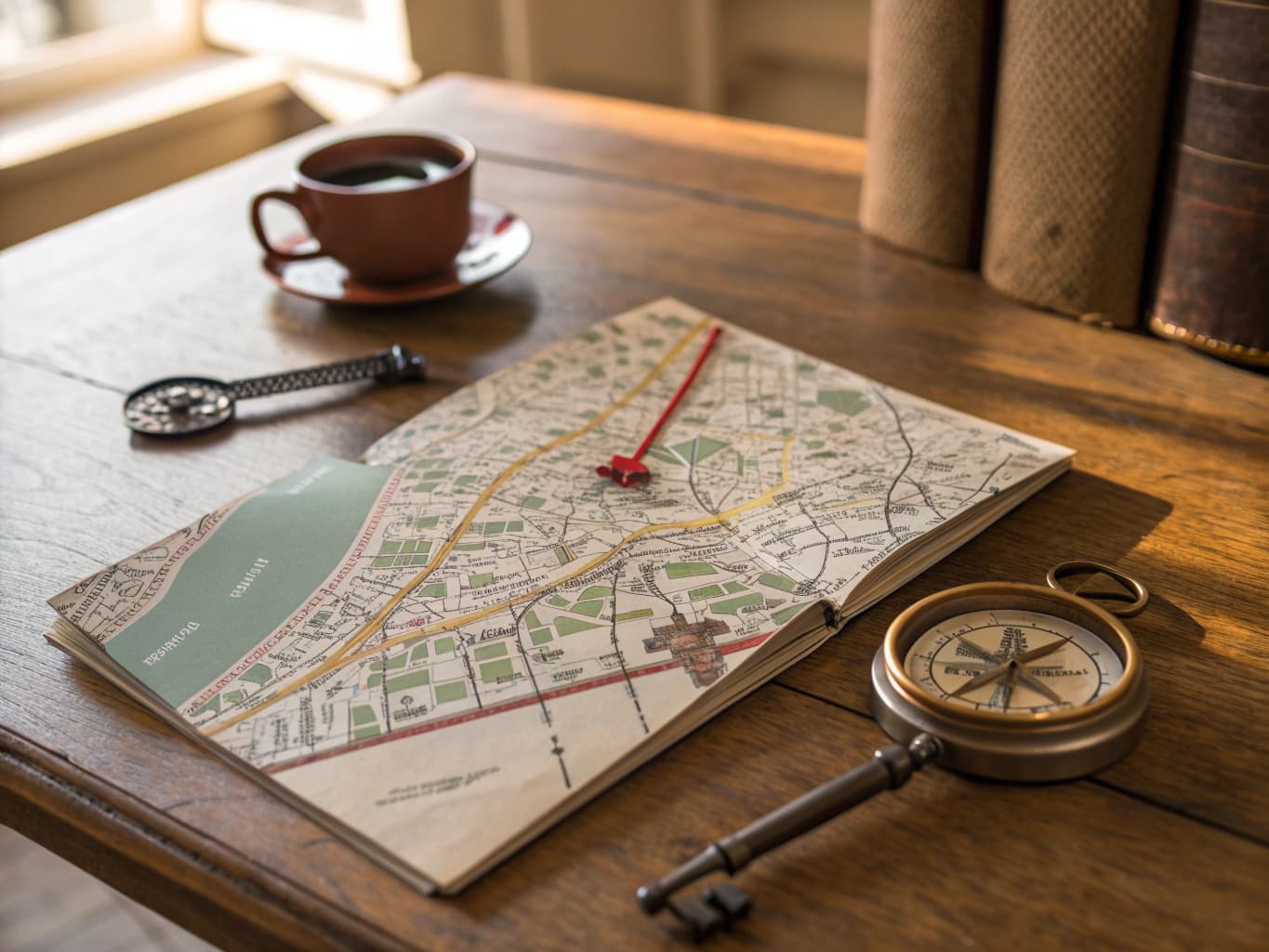 City map with a pin, compass, and vintage key on a wooden table