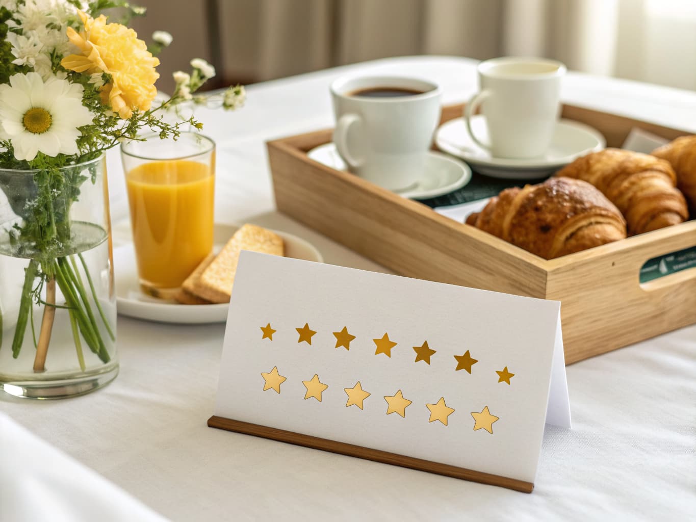 Five-star guest review card beside a hotel breakfast tray