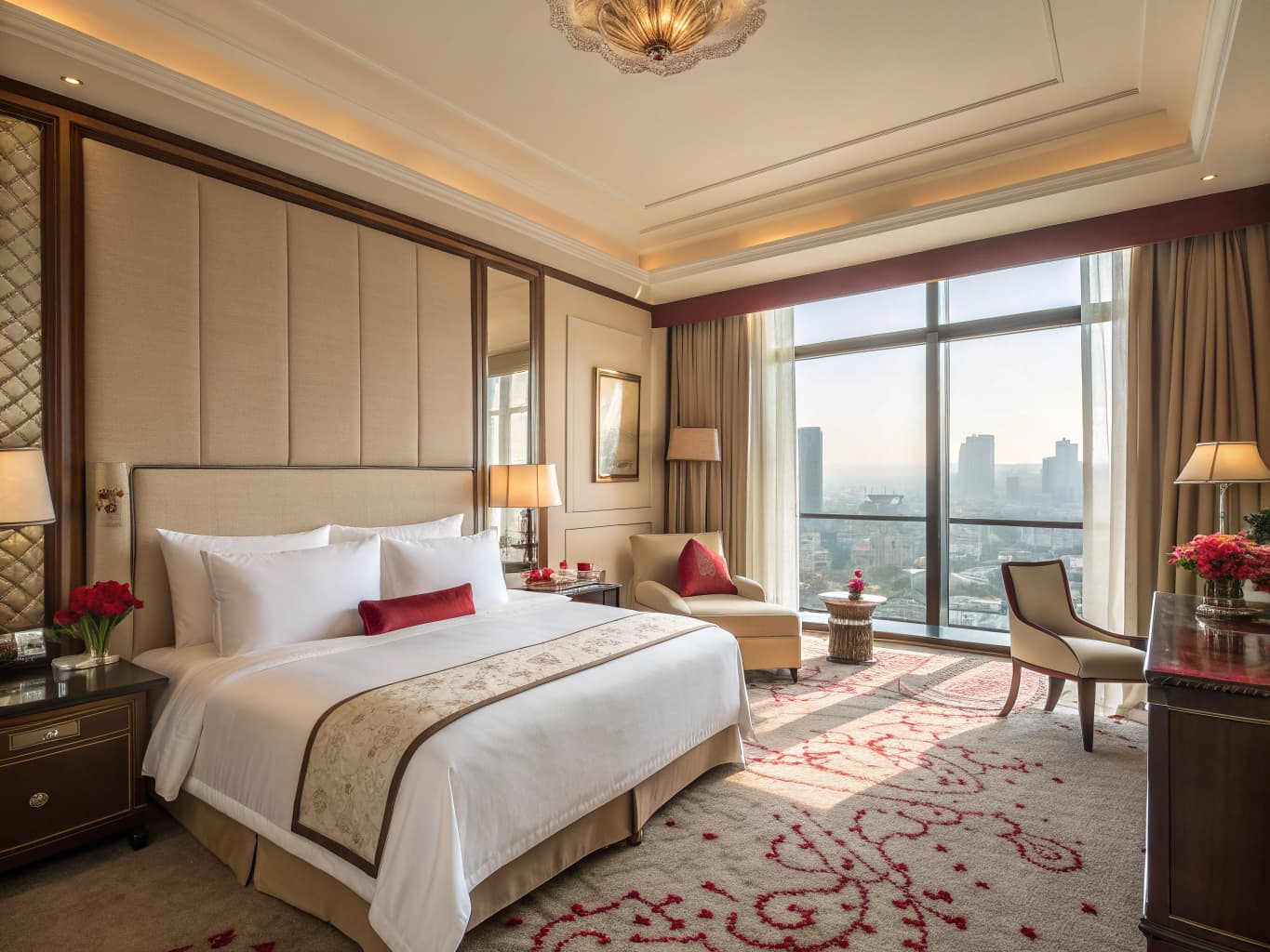Luxury hotel room with a king bed and city view