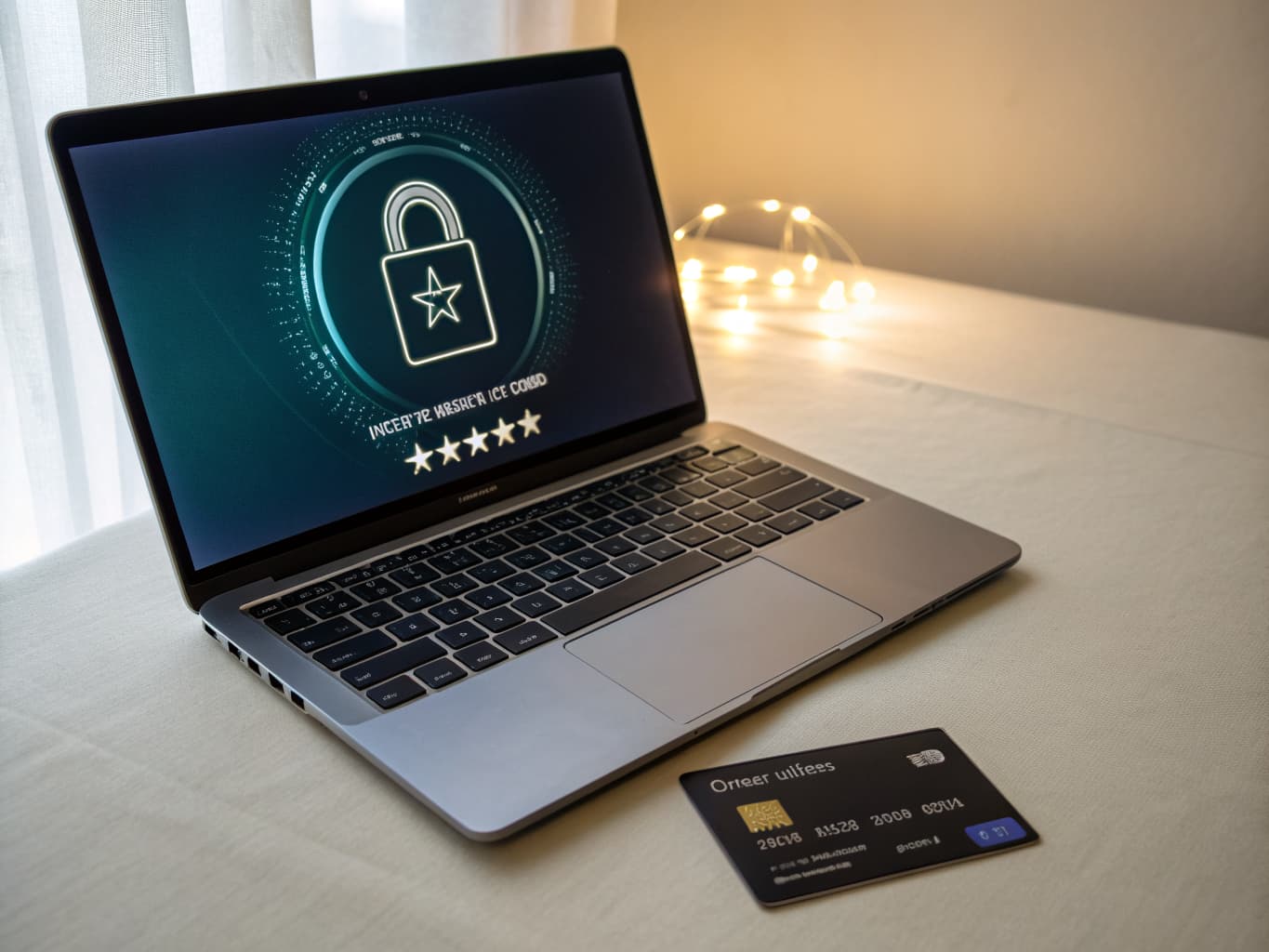 Laptop with a security padlock on screen beside a key card