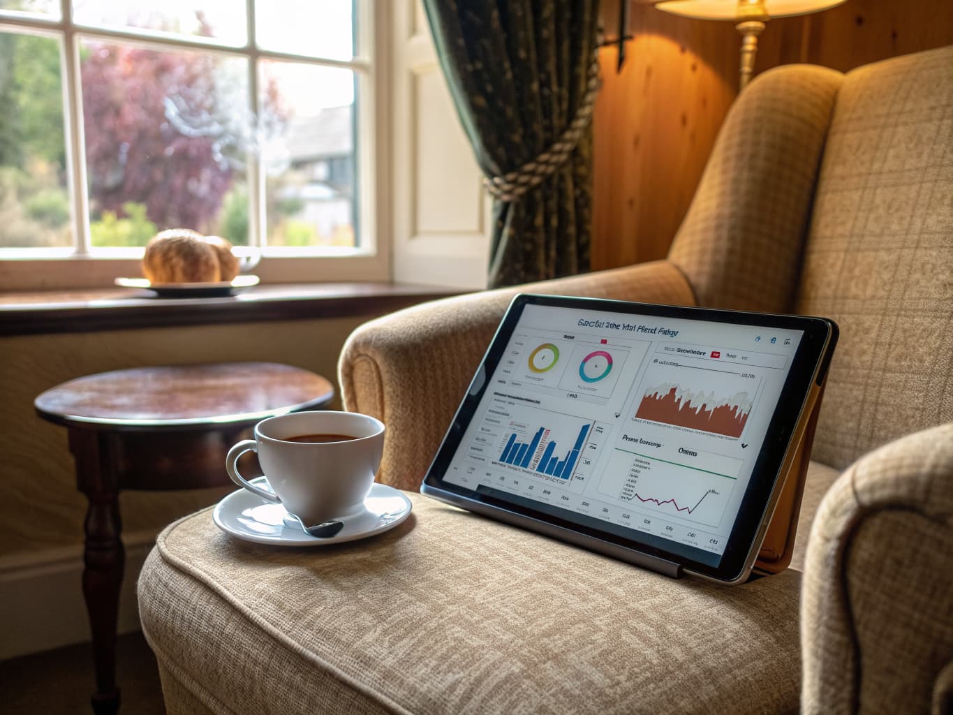 Tablet showing an analytics dashboard in an inn sitting room with a cup of tea