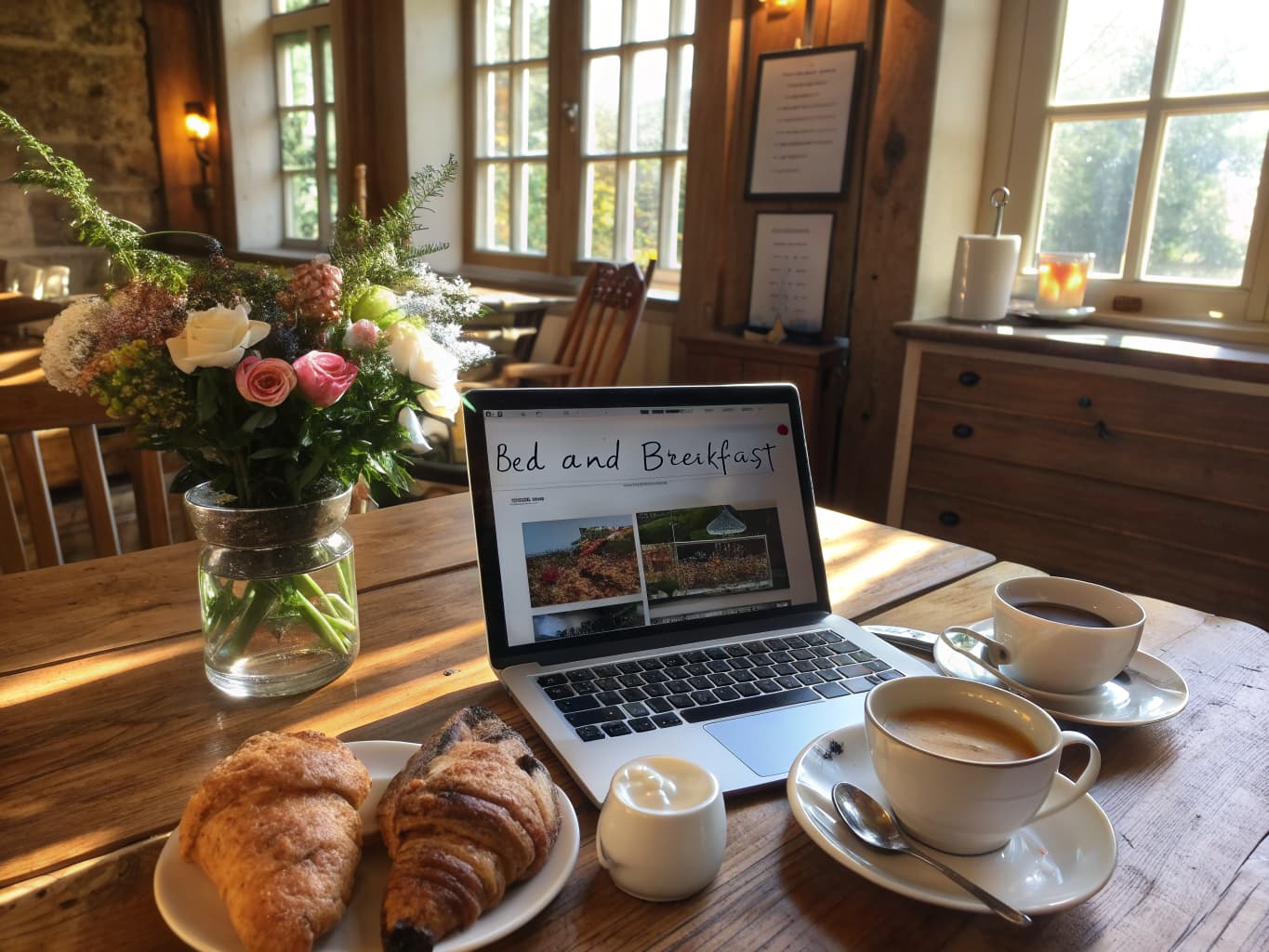 Laptop and phone showing a Bed & Breakfast website on a wooden breakfast table in a cozy inn