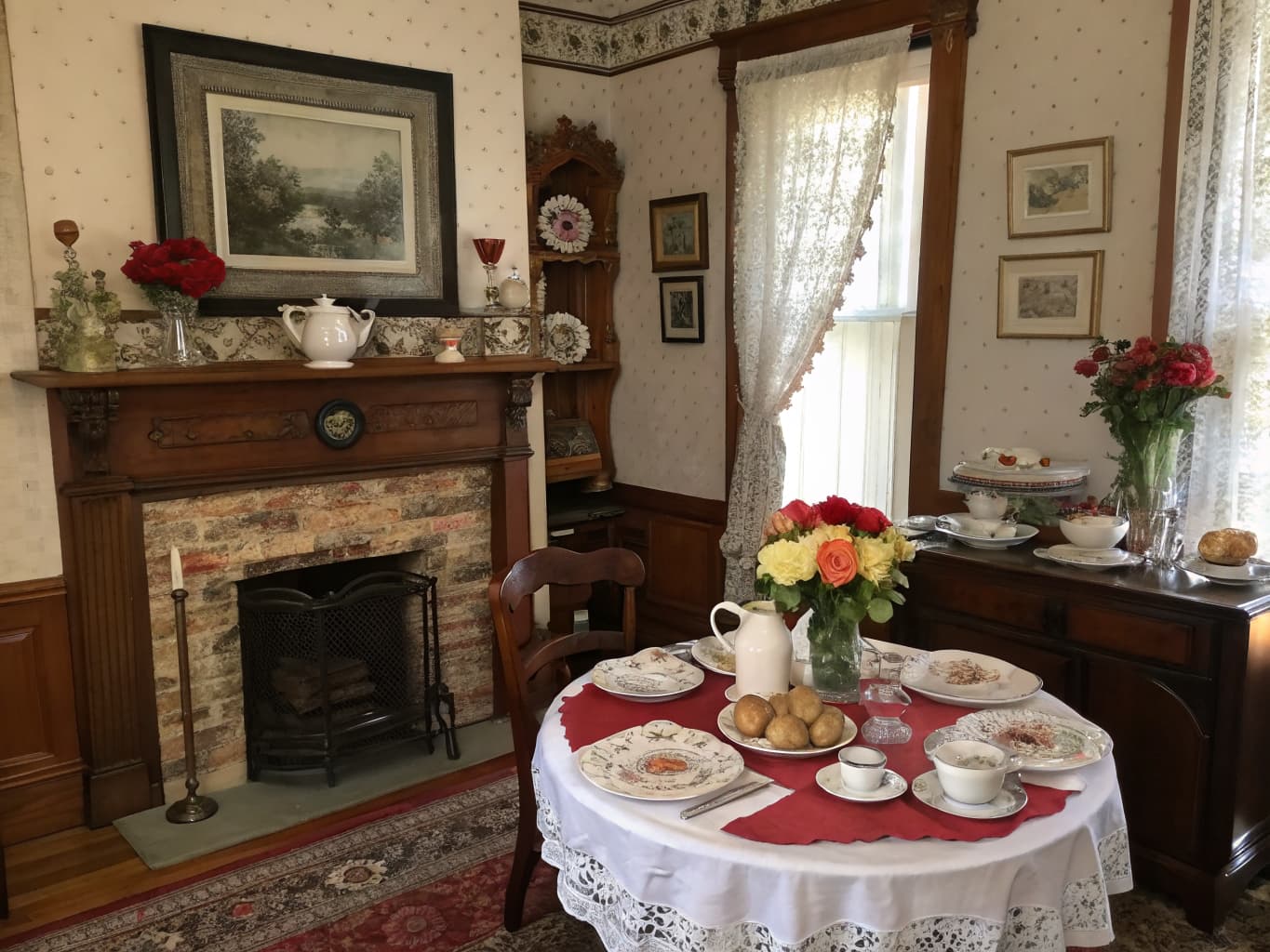 Cozy bed and breakfast parlor and breakfast room with a set table and fireplace