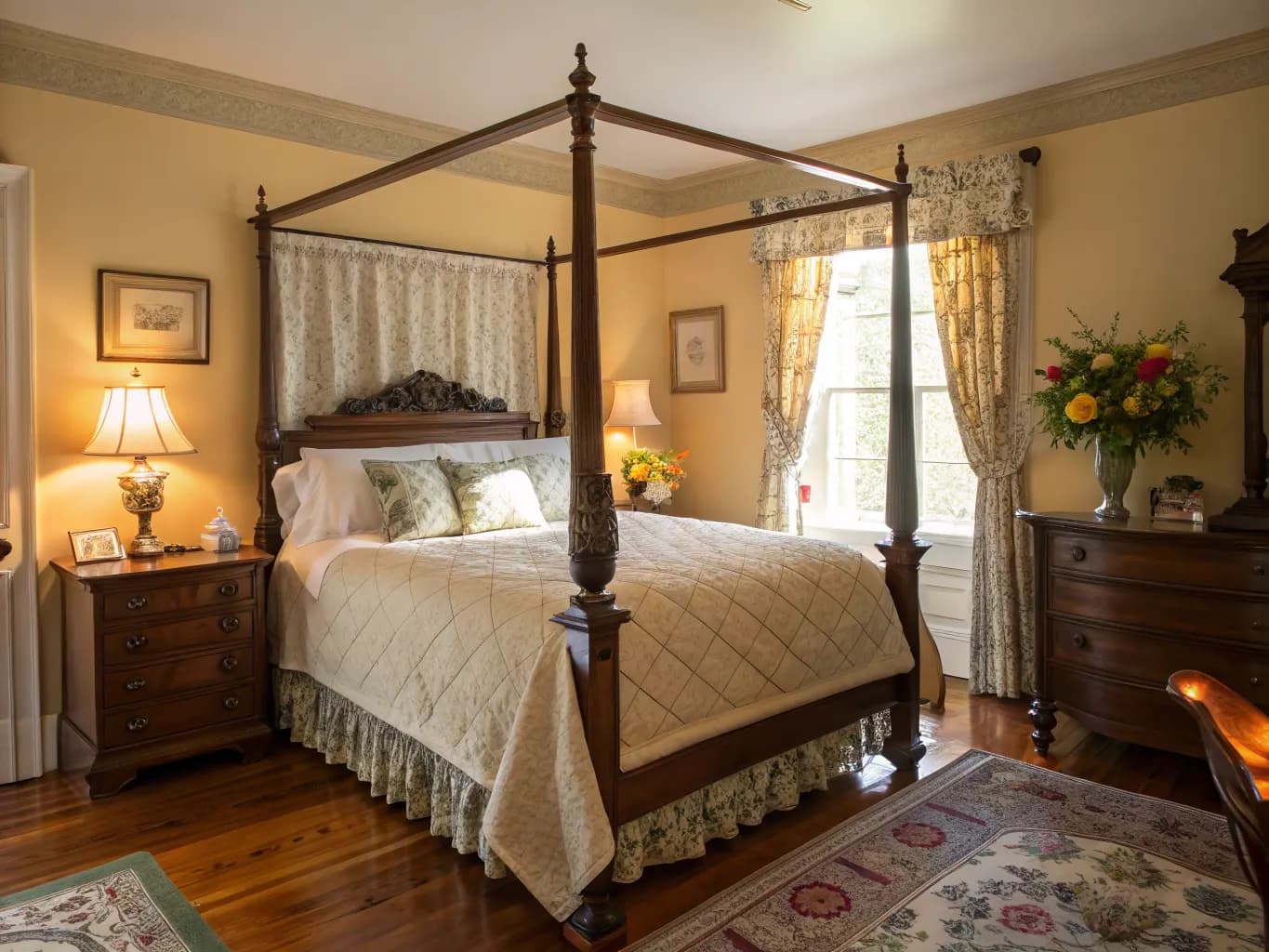Elegant bed and breakfast guest bedroom with a four-poster bed and warm lighting