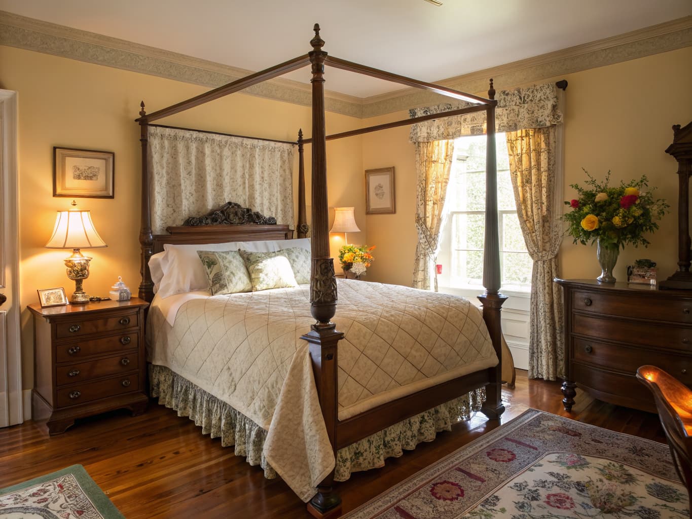 Elegant bed and breakfast guest bedroom with a four-poster bed and warm lighting