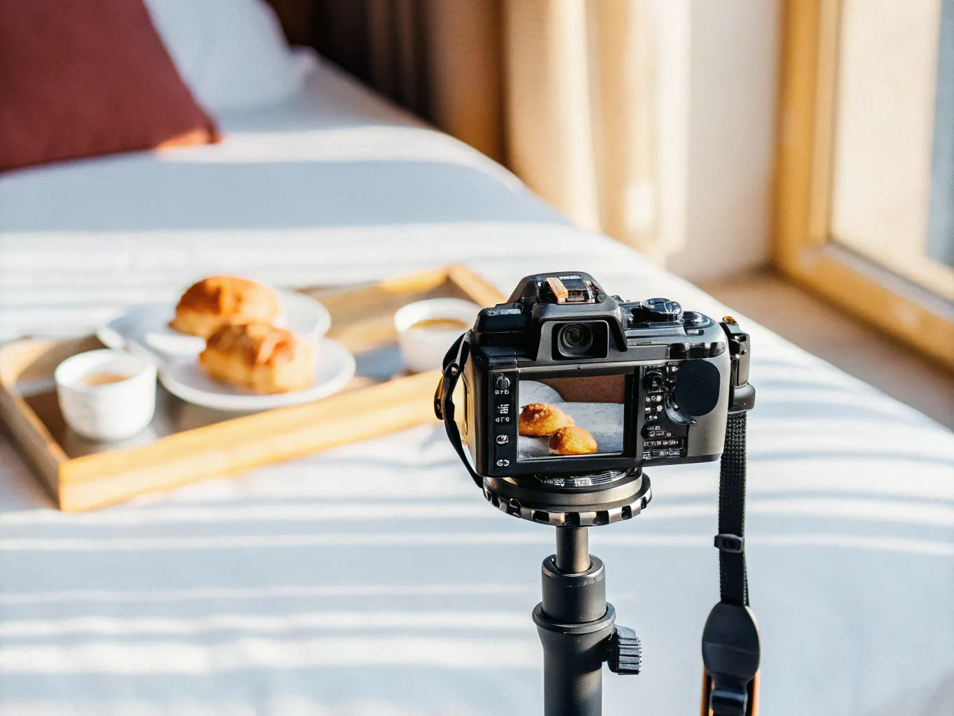 Bed and breakfast brand and visual storytelling: camera photographing a breakfast spread for content marketing