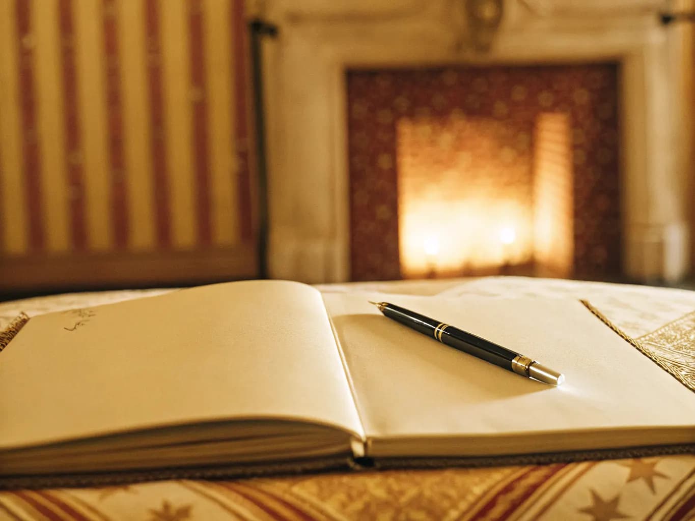 Bed and breakfast reputation and review management: guest book by a cozy fireplace