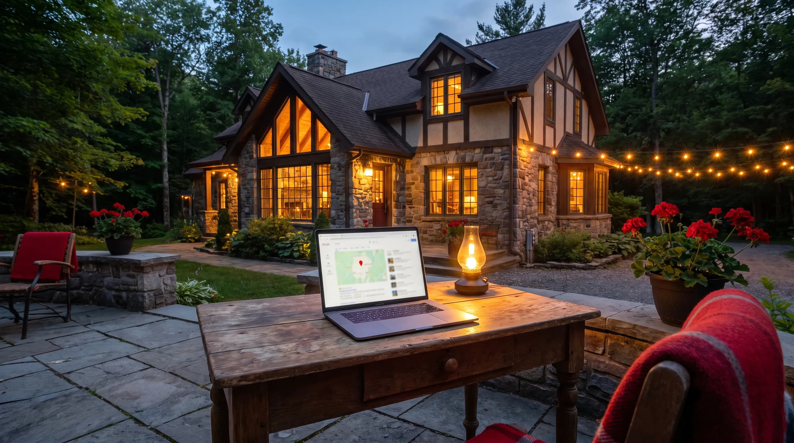Boutique inn at dusk with a laptop showing search results and a map pin