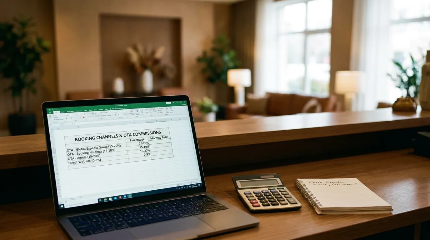 Hotel front desk laptop showing OTA commission percentages and booking channel mix for direct booking strategy consulting