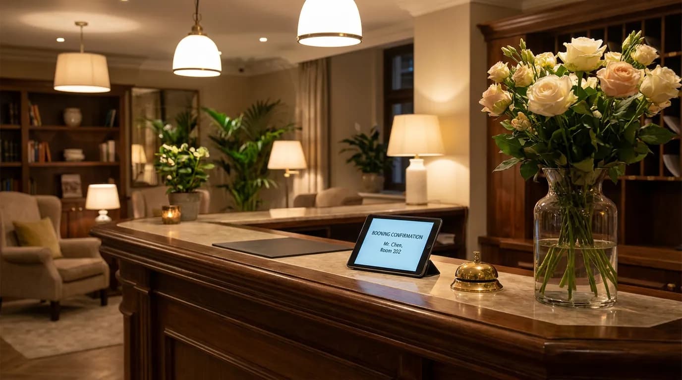 Boutique hotel reception desk with a tablet showing a direct booking confirmation