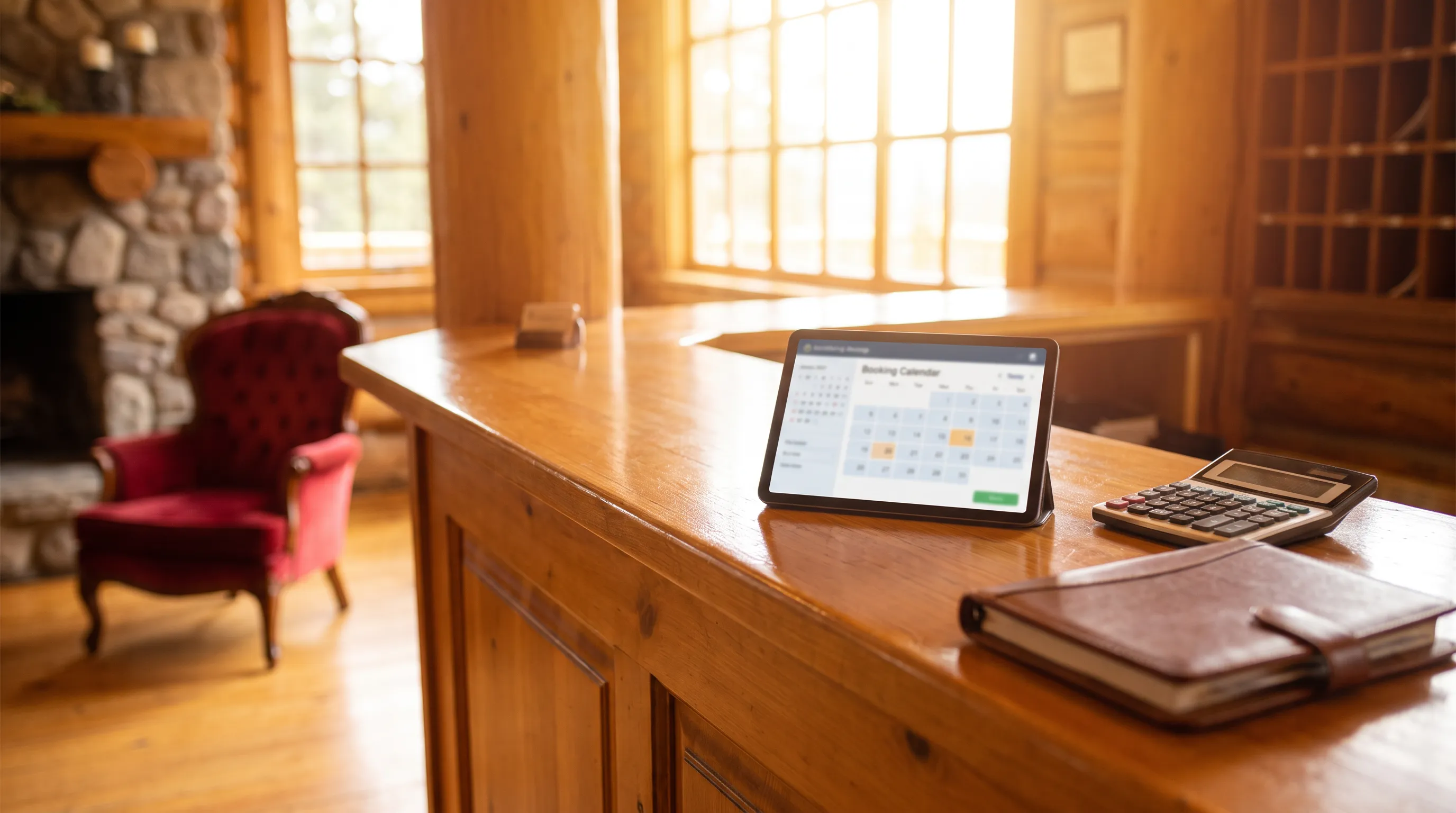 Hotel reception desk with a tablet showing a booking calendar and a calculator