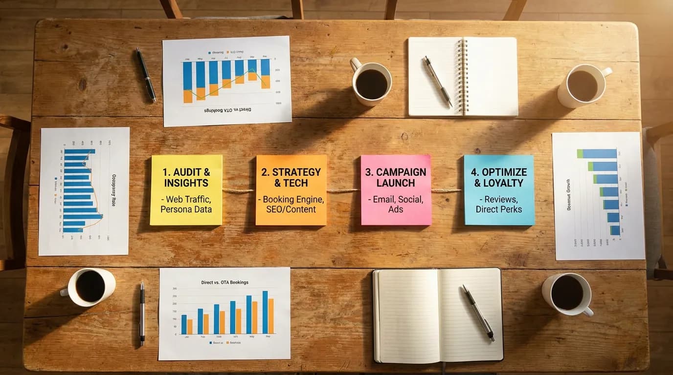 Four-step hotel direct booking strategy roadmap with analytics charts on a meeting table