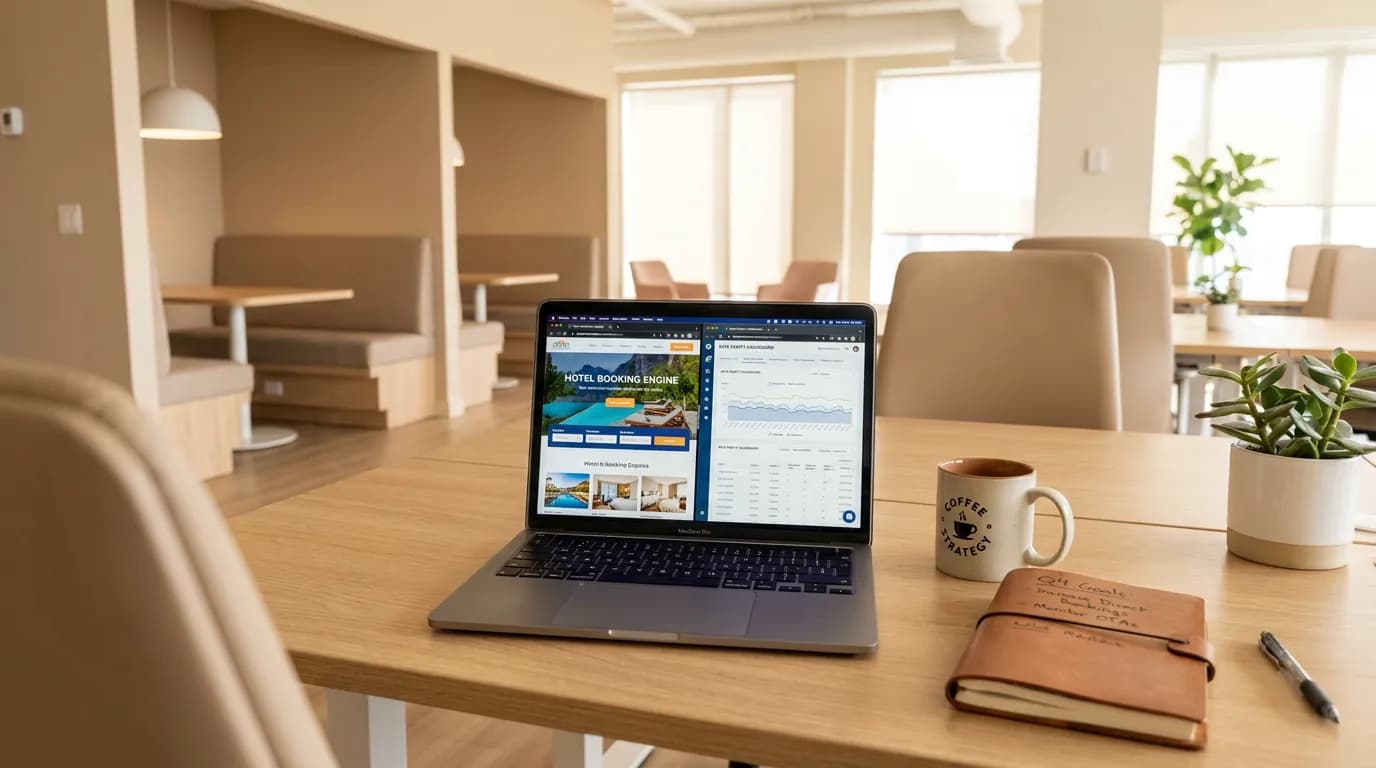 Hotel booking engine optimization and rate parity dashboard on a laptop to increase direct bookings