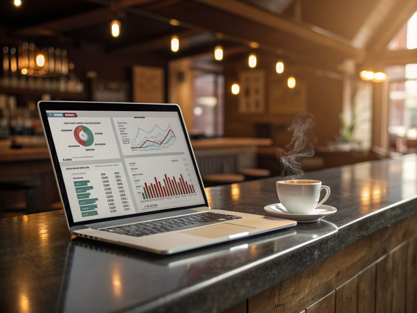 Laptop showing analytics charts on a restaurant bar