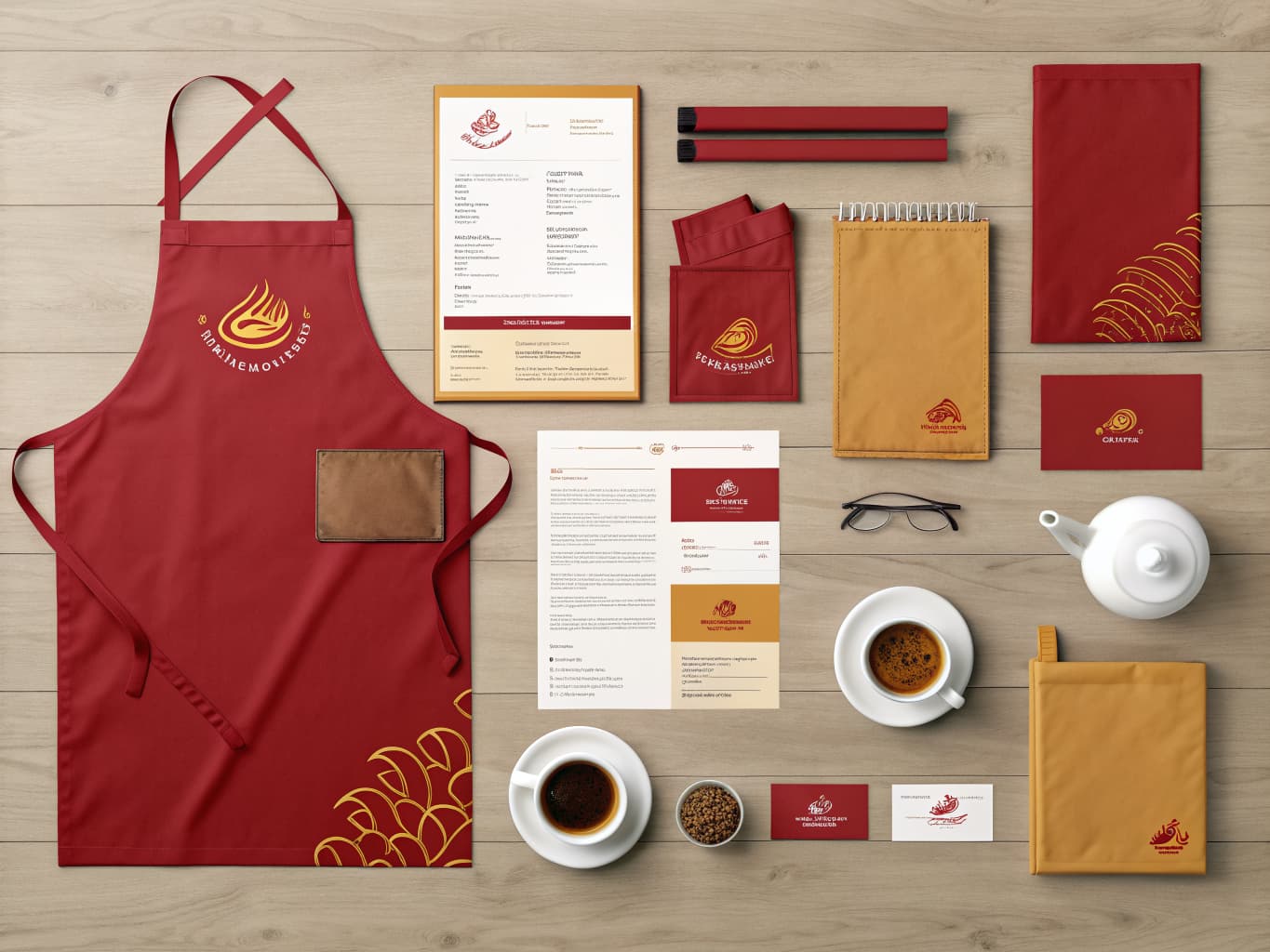 Restaurant branding flatlay with aprons, menus and business cards