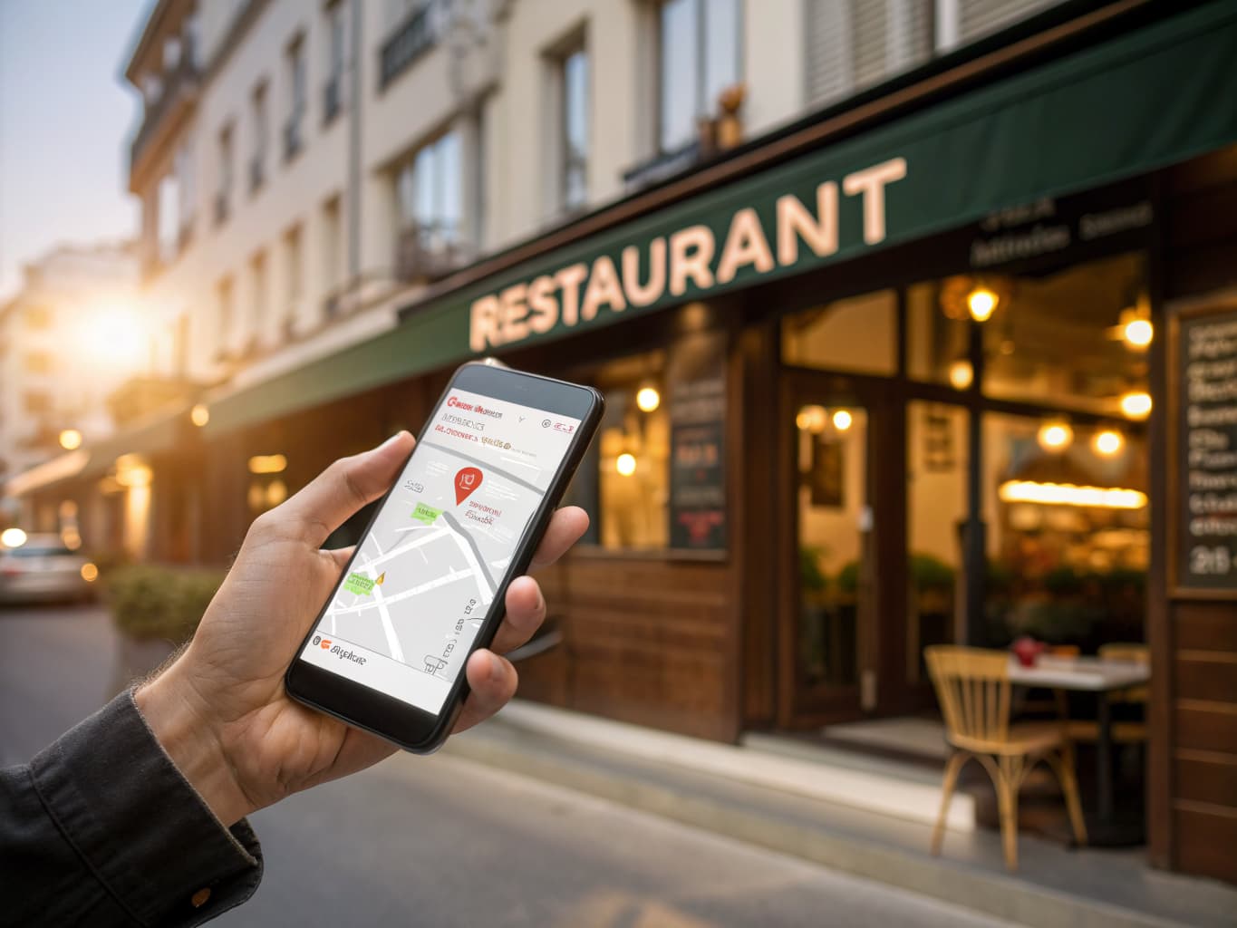 Hand holding a phone with map directions in front of a restaurant