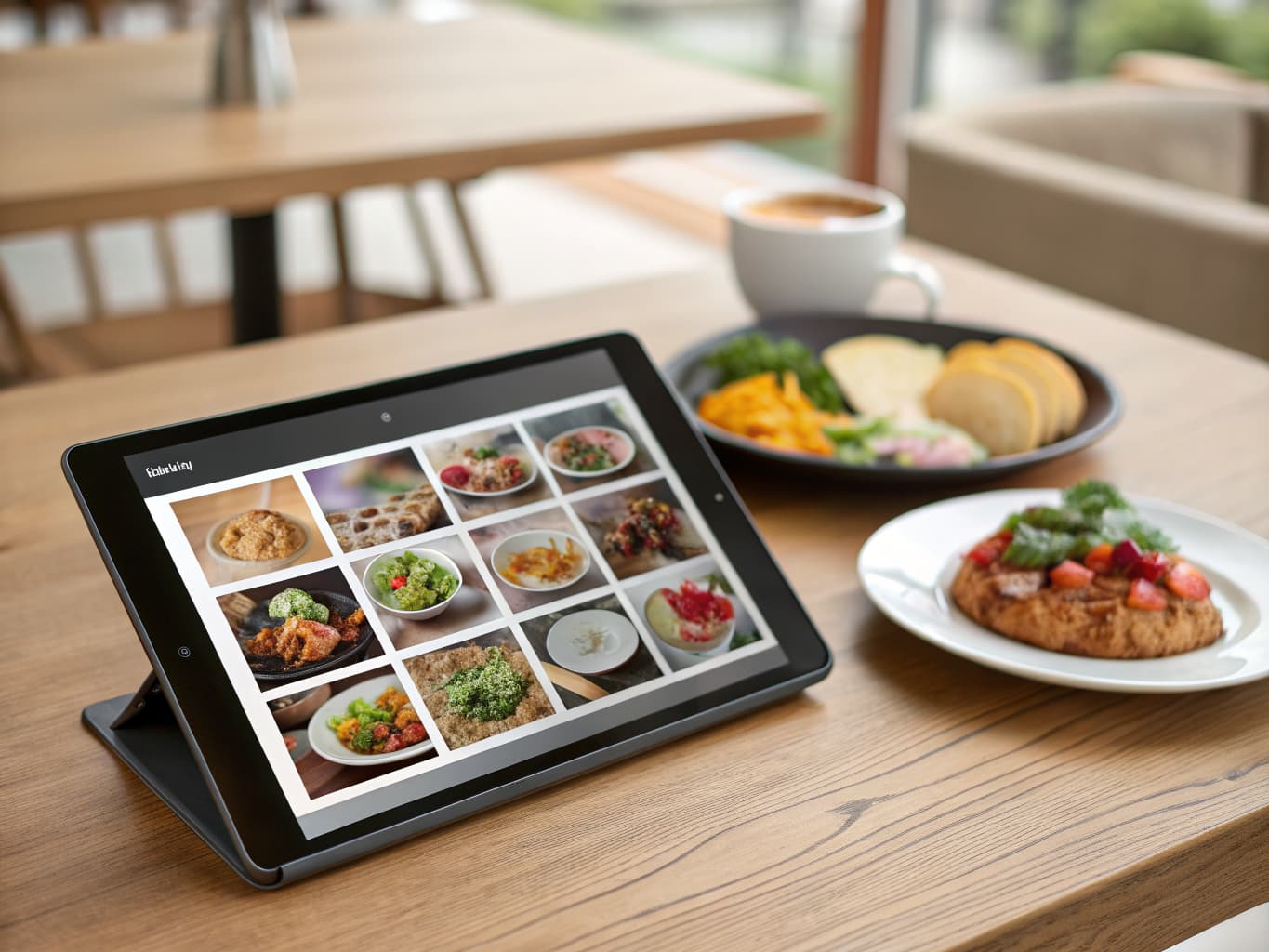 Tablet showing a digital menu with dish photos next to a plated meal