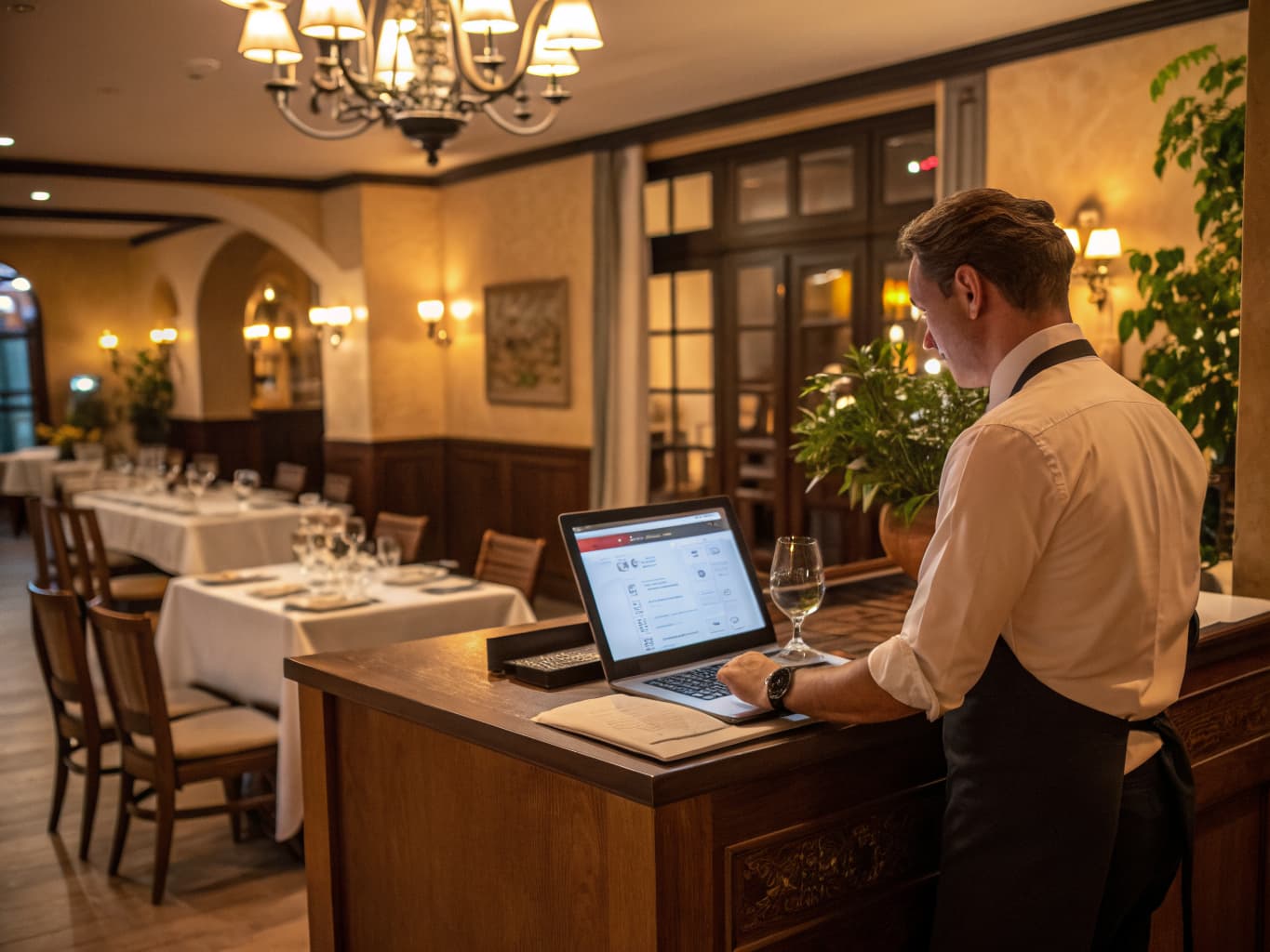 Restaurant host stand with a laptop showing a newly launched website