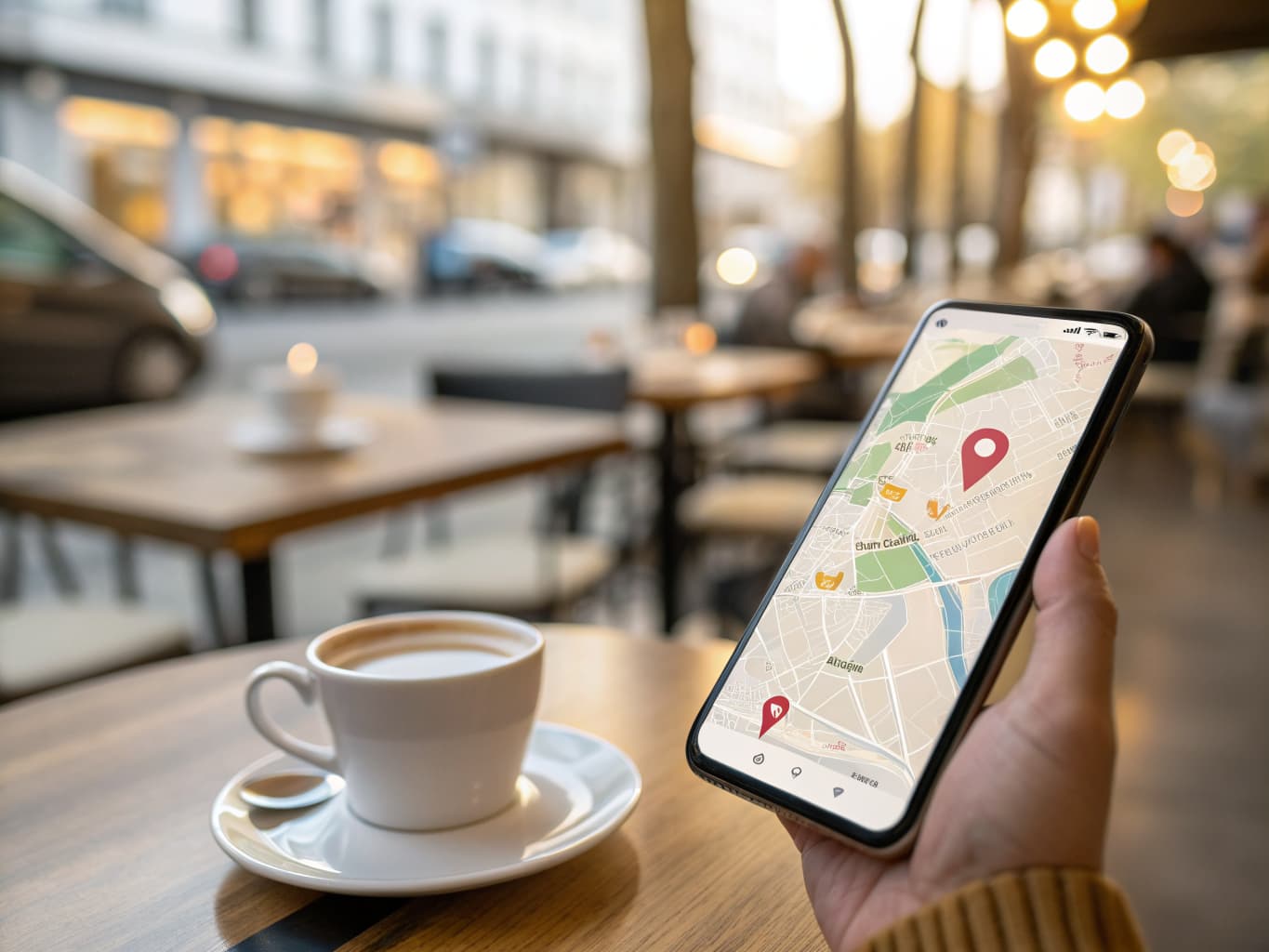Phone showing a map of nearby restaurants on a cafe table