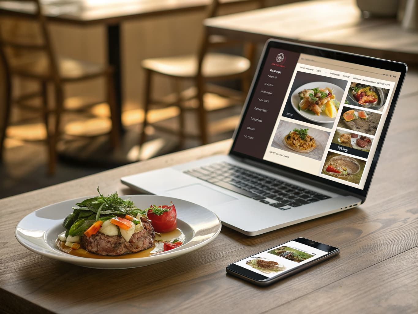 Restaurant website shown on a laptop and phone beside a plated dish