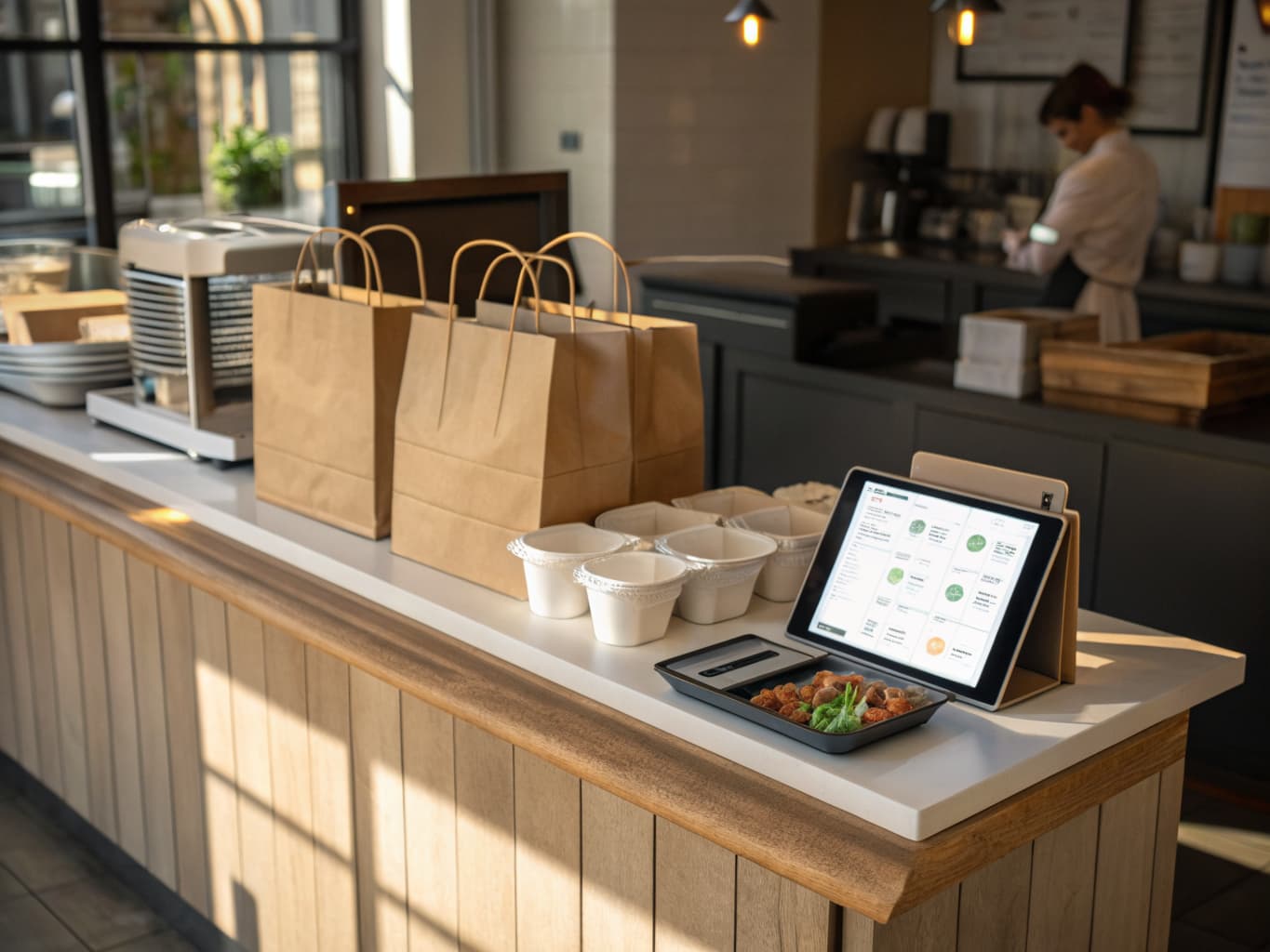 Takeout bags and a tablet ordering screen on a restaurant pickup counter