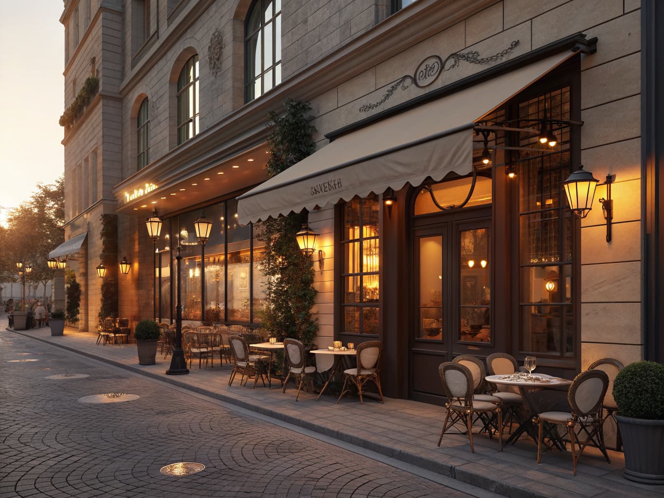 Restaurant storefront glowing at golden hour with outdoor seating