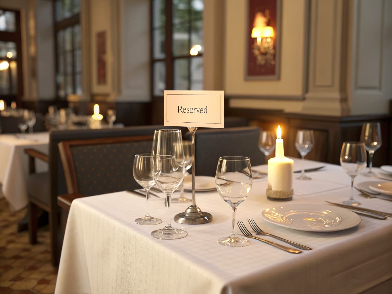 Reserved sign on a set restaurant table with candle and wine glasses