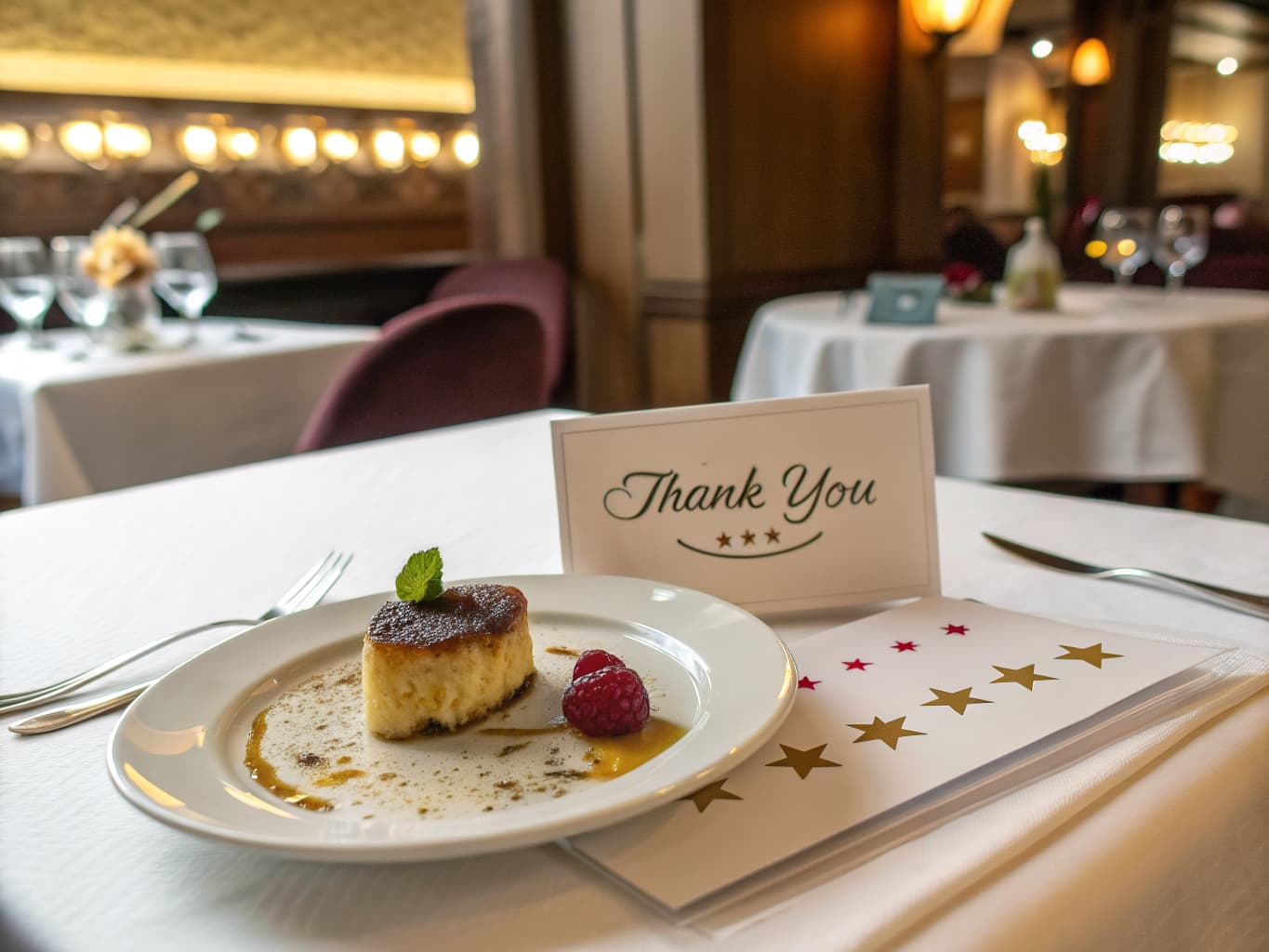 Thank you card and five star rating beside a plated dessert